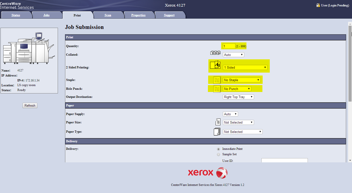 How to use the web printing interface for the xerox copier shc support